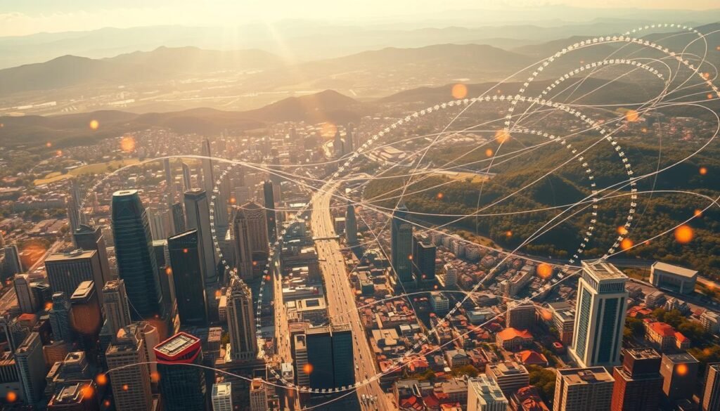 A breathtaking, hyper-detailed, ultra-realistic photo of the latest GenAI technology trends. In the foreground, an array of cutting-edge AI models and algorithms swirl and intertwine, radiating an aura of futuristic innovation. In the middle ground, a sprawling cityscape of towering skyscrapers and bustling urban landscapes, where GenAI-powered smart technologies seamlessly integrate with everyday life. The background is a panoramic vista of rolling hills and lush forests, hinting at the harmonious coexistence of nature and advanced technology. The scene is bathed in warm, golden sunlight, creating a sense of optimism and progress. The overall composition conveys the transformative impact of GenAI on our world, balancing the rapid advancement of AI with the enduring beauty of the natural environment.