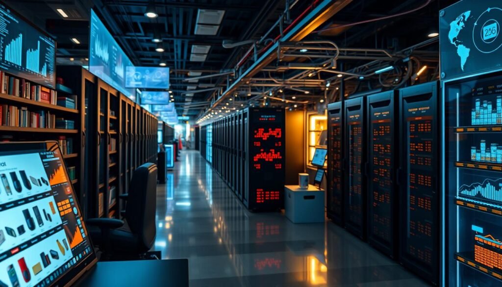 A bustling digital marketplace, its evolution captured in a hyper-realistic photograph. In the foreground, a sleek interface showcases a myriad of products, their details meticulously rendered. The middle ground features dynamic data visualizations, pulsing with insights and analytics. In the background, a network of interconnected servers and devices hum with the rhythmic flow of information, casting a warm, ambient glow over the scene. The composition is sharp, the lighting natural, and the overall atmosphere conveys the dynamic, ever-changing nature of the modern digital landscape.