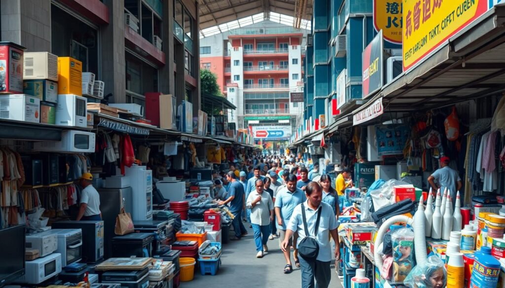 A bustling marketplace with a variety of goods and vendors, captured in a high-resolution, ultra-realistic photo. In the foreground, stalls filled with an array of products - electronics, appliances, and various consumer goods. The middle ground showcases a diverse crowd of shoppers, each with their own needs and considerations. In the background, a mix of modern and traditional architecture provides a vibrant setting, with natural lighting illuminating the scene. The overall atmosphere conveys the dynamic forces that drive and restrain the PC market, as consumers navigate the ebb and flow of supply and demand.