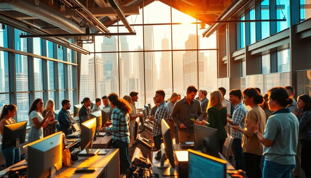 A bustling technology hub, brimming with innovation and collaboration. In the foreground, a diverse group of tech enthusiasts engage in lively discussions, gesturing excitedly as they explore new ideas. Sleek, modern workstations and cutting-edge devices populate the middle ground, showcasing the latest advancements. In the background, a vibrant cityscape sets the stage, with towering skyscrapers and a pulsing energy that reflects the community's drive to push the boundaries of what's possible. Warm, natural lighting filters through large windows, casting a glow over the scene and creating a sense of openness and creativity. This ultra-realistic photo captures the essence of a thriving technology community, where innovation and collective effort converge to shape the future.