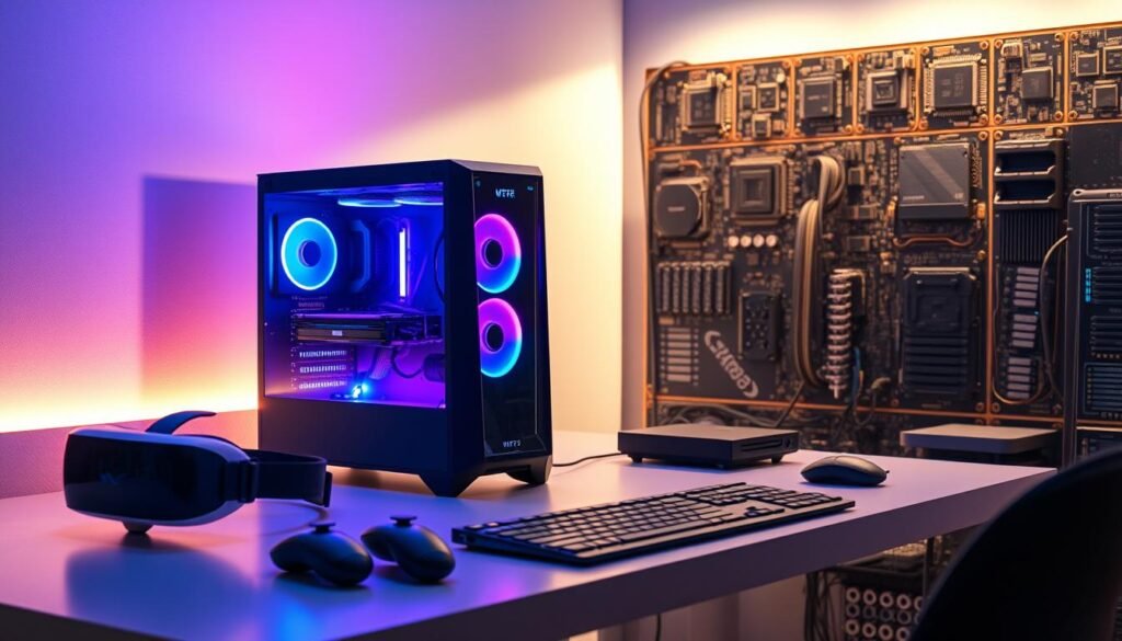 A cutting-edge gaming PC sits atop a sleek, minimalist desk, its vibrant RGB lighting casting an ethereal glow across the workspace. Beside it, a state-of-the-art VR headset and motion controllers hint at the immersive experiences this setup can deliver. In the background, a vast array of circuit boards, microchips, and other advanced hardware components suggest the powerful AI capabilities that enable this rig's exceptional performance. Soft, directional lighting illuminates the scene, creating a sense of depth and highlighting the cutting-edge technology on display. An atmosphere of innovation and technological prowess permeates the image, showcasing the emerging trends in gaming and AI-powered PC hardware.