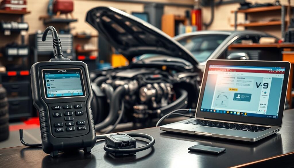 A detailed, ultra-realistic photo comparing the OBD and bench programming methods. In the foreground, two automotive diagnostic tools - a handheld OBD scanner and a professional bench programming interface. The OBD scanner is connected to a car's onboard diagnostics port, while the bench programming device is hooked up to a laptop. In the middle ground, a partially disassembled car engine, highlighting the complexity of modern automotive systems. The background features an automotive workshop setting, with shelves of tools, spare parts, and a diagnostic workbench. Warm, directional lighting creates depth and emphasizes the technical details. The scene conveys the precision and expertise required for effective vehicle tuning and reprogramming.