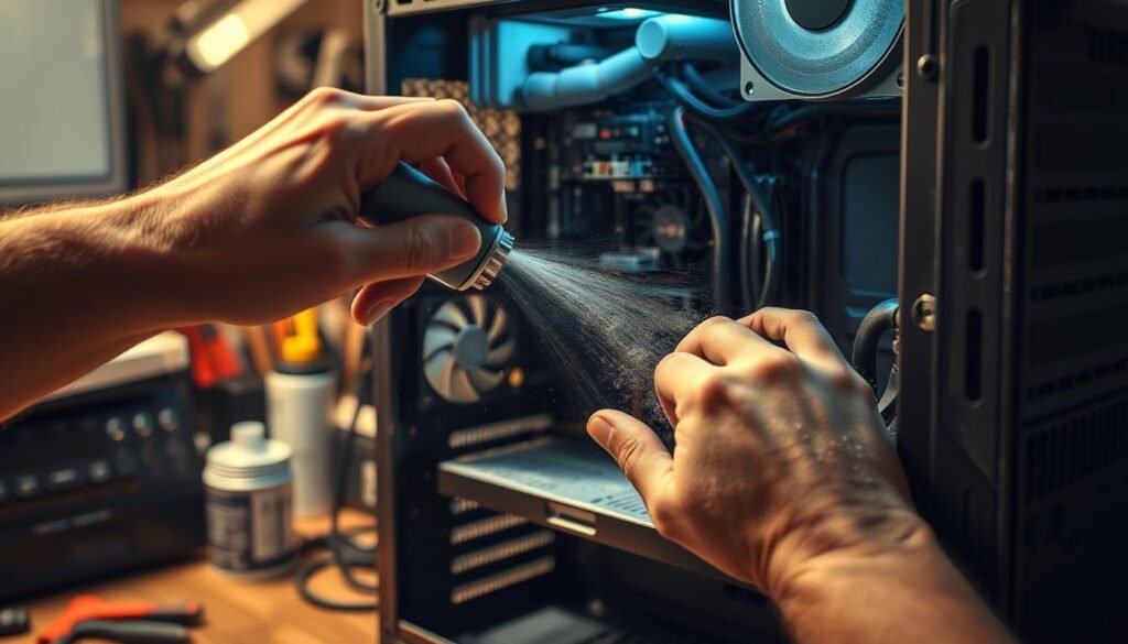 A detailed, ultra-realistic photo showcasing physical PC maintenance. In the foreground, a technician's hands delicately clean dust from the internal components of an open desktop computer using a soft brush and compressed air. The middle ground reveals the intricate circuitry and fans within the PC case, coated in a layer of accumulated grime. The background shows the workbench setting, with various tools and cleaning supplies neatly organized, creating a sense of professional expertise. Warm, directional lighting illuminates the scene, highlighting the textures and colors of the hardware. The overall mood conveys the importance of regular PC maintenance to ensure optimal performance and longevity.
