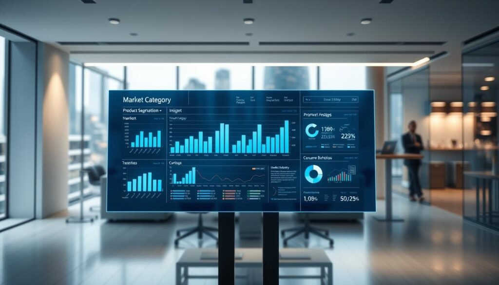 A high-quality, ultra-realistic photo of a well-lit market segmentation dashboard, with detailed product category insights displayed on sleek, holographic displays. The foreground features a dynamic, interactive interface showcasing key market trends and consumer behavior data. The middle ground depicts a modern, minimalist office setting with clean lines and muted tones, allowing the digital elements to take center stage. The background subtly hints at a bustling urban landscape, conveying the sense of a thriving, data-driven business environment. Soft, directional lighting and a slight depth of field create a professional, polished aesthetic.