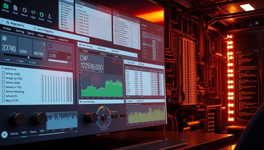 A high-resolution, ultra-realistic photo of an advanced Windows registry and service optimization dashboard. The foreground features a sleek, modern user interface with a series of toggles, sliders, and dropdown menus for adjusting various system settings and parameters. The middle ground showcases detailed performance graphs, CPU/memory utilization charts, and system event logs. In the background, a complex network of nested windows, folders, and registry editor panels is visible, conveying the depth and complexity of the underlying system architecture. The scene is lit by a combination of warm, ambient lighting and crisp, directional highlights, creating a sense of technical sophistication and precision. The overall atmosphere is one of power, control, and advanced PC optimization.
