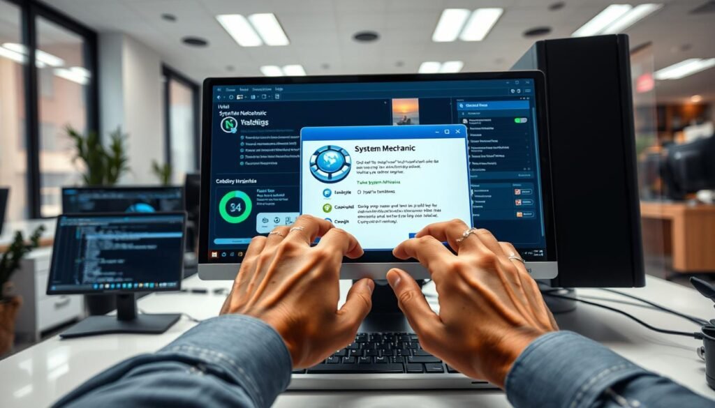 A high-resolution, ultra-realistic photo showing the step-by-step process of installing and running System Mechanic software on a modern desktop computer. In the foreground, a person's hands are carefully guiding the installation wizard, with the software interface displayed prominently on the screen. In the middle ground, various system optimization tools and diagnostic screens are visible, conveying the depth and thoroughness of the tune-up process. The background features a clean, well-lit office environment, with a sense of focus and productivity. Subtle details like reflections, shadows, and depth of field create a sense of depth and realism. The overall mood is one of professionalism, efficiency, and attention to detail.