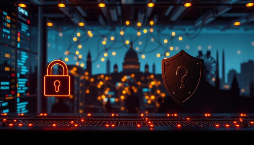 A highly detailed, ultra-realistic photo depicting data security, privacy, and regulatory compliance. In the foreground, a secure lock icon and a digital shield symbolize the protection of sensitive information. The middle ground features a network of interconnected data servers, with glowing cables and flashing lights, conveying the complex infrastructure needed to safeguard digital assets. In the background, silhouettes of government buildings and regulatory bodies suggest the framework of laws and policies that oversee data management practices. The scene is illuminated by a warm, subdued lighting, creating a sense of professionalism and authority. The overall composition emphasizes the importance of comprehensive data security, privacy, and regulatory compliance in the modern digital landscape.