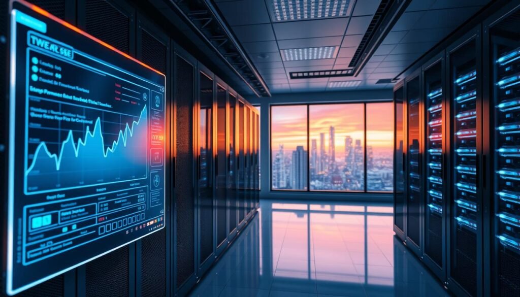 A hyper-realistic, high-resolution photograph of a futuristic data center, showcasing the power and efficiency of cloud computing for performance management. In the foreground, a holographic control panel displays real-time analytics and performance metrics, bathed in a soft, ambient glow. The middle ground features rows of sleek, modular server racks, their cooling systems humming quietly. In the background, a panoramic window overlooks a vibrant city skyline, symbolizing the seamless integration of cloud computing and 5G technology. The entire scene conveys a sense of technological advancement, precision, and the promise of optimized, scalable performance management solutions.
