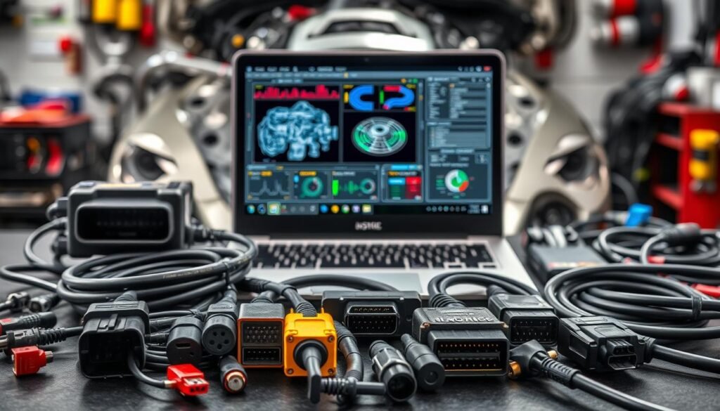 A meticulously detailed, ultra-realistic photo showcasing a comprehensive array of ECU tuning and remap tools. In the foreground, an assortment of diagnostic cables, OBD2 connectors, and custom hardware interfaces are neatly arranged, conveying the technical precision required for precise engine tuning. The middle ground features a high-end laptop displaying tuning software, its screen filled with intricate engine maps and performance graphs. In the background, a backdrop of automotive parts and equipment suggests a professional workshop environment, ensuring the image fully encapsulates the essence of the "Top ECU Tuning & Remap Tools" section.