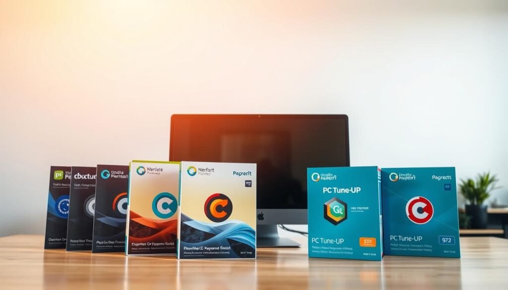 A neatly organized desk, bathed in warm, natural lighting, displays an array of popular PC tune-up tools. In the foreground, sleek and modern software packages, their icons and interfaces clearly visible, stand ready to optimize system performance. In the middle ground, a high-end desktop computer serves as the focal point, its glossy casing reflecting the tools' digital capabilities. The background showcases a minimalist, office-like setting, creating a sense of professionalism and efficiency. The overall scene conveys a comprehensive comparison of the leading PC tune-up solutions, ready to enhance the Amazon business owner's system mechanics and boost their operational productivity.