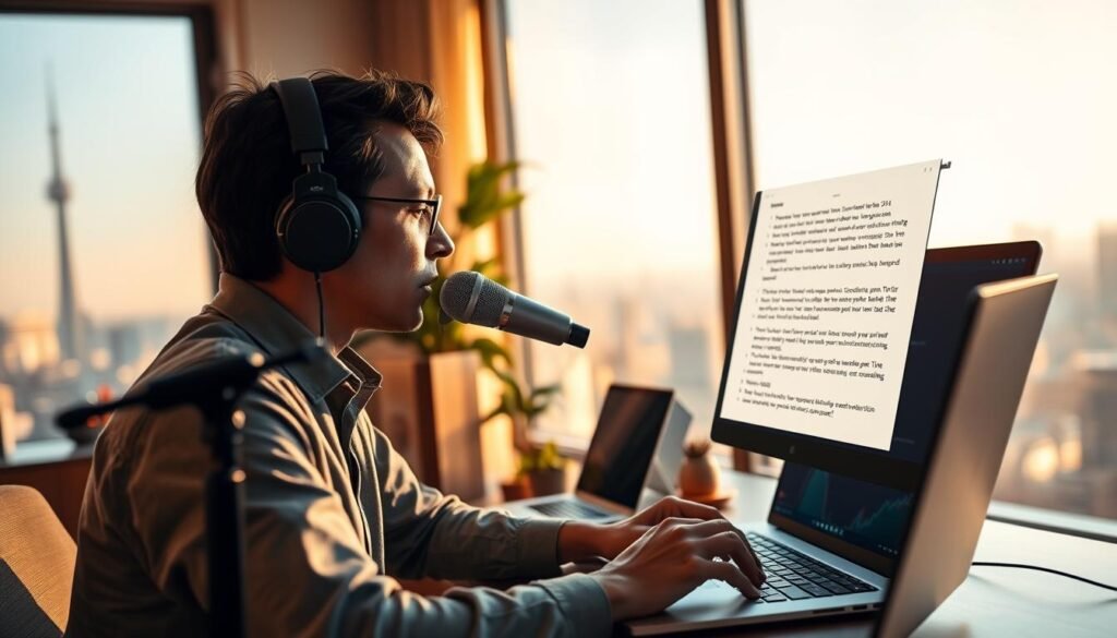A professional home office setup with a laptop, desk, and high-quality microphone. In the foreground, a person dictating into the microphone while using AI-driven dictation software, with the screen showing text transcription in real-time. The background features a large window overlooking a city skyline, bathed in warm, natural lighting. The mood is one of focused productivity and technological empowerment, with the AI-powered dictation app seamlessly enhancing the user's workflow. Shot with a high-end DSLR camera, using a shallow depth of field to emphasize the subject.