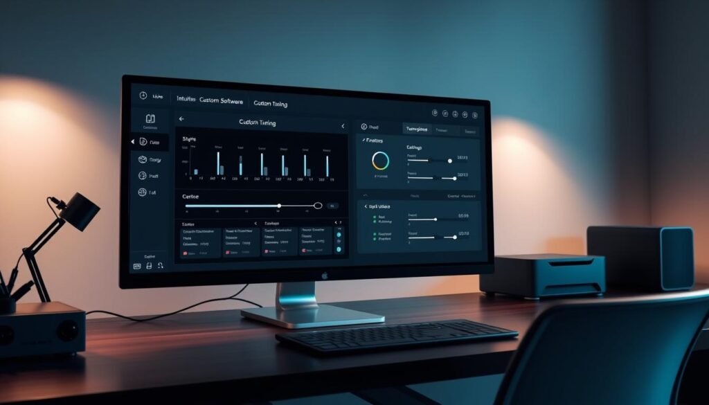 A sleek, modern office workspace with a large, high-resolution computer display showcasing intuitive custom tuning software. The software interface features clean, minimalist design with sliders, graphs, and adjustable settings for fine-tuning system performance. Soft, directional lighting illuminates the scene, casting subtle shadows and highlighting the premium, brushed metal hardware. The overall atmosphere conveys a sense of productivity, efficiency, and the empowering benefits of tailored system optimization.
