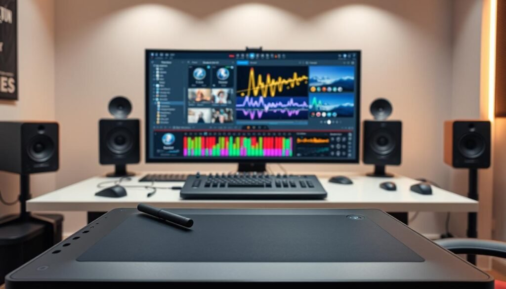 A sleek, modern workstation with a large, high-resolution monitor displaying a variety of multimedia editing tools. In the foreground, a professional-grade graphics tablet and stylus, allowing for precise control and natural input. In the middle ground, an array of sliders, knobs, and toggles for fine-tuning audio, video, and image parameters. The background features a clean, minimalist aesthetic, with subtle lighting that casts a warm, focused glow on the workspace. The overall scene conveys a sense of efficiency, creativity, and the seamless integration of advanced AI-powered editing capabilities.