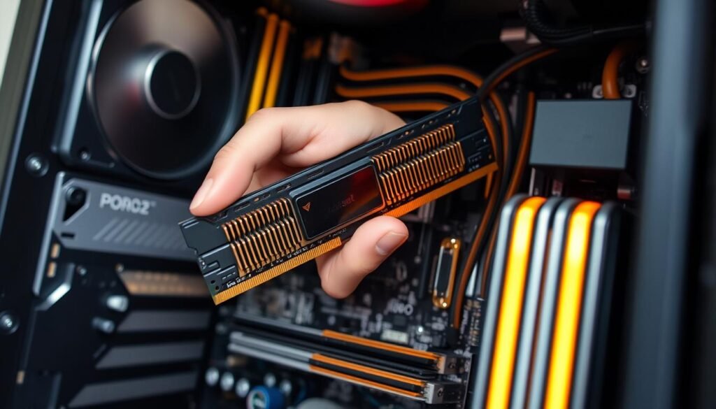 An ultra-realistic photo of a RAM module being installed into a desktop computer's memory slot. The foreground features the RAM chip with intricate details of its gold-plated connectors and sleek heatsink design. In the middle ground, a human hand gently inserts the module into the open slot on the motherboard, highlighted by the warm glow of the internal components. The background showcases the interior of the computer case, revealing the intricate layout of the cooling system, power supply, and other hardware parts that work together to boost the system's overall performance.